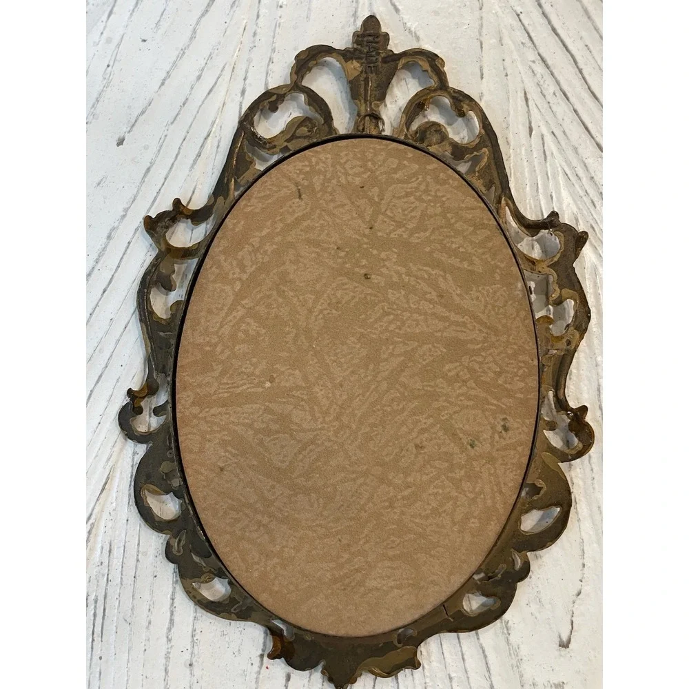 Pair (2) ‎ Vtg Italian Floral Print Ornate Brass Frame Convex Bubble Glass Italy